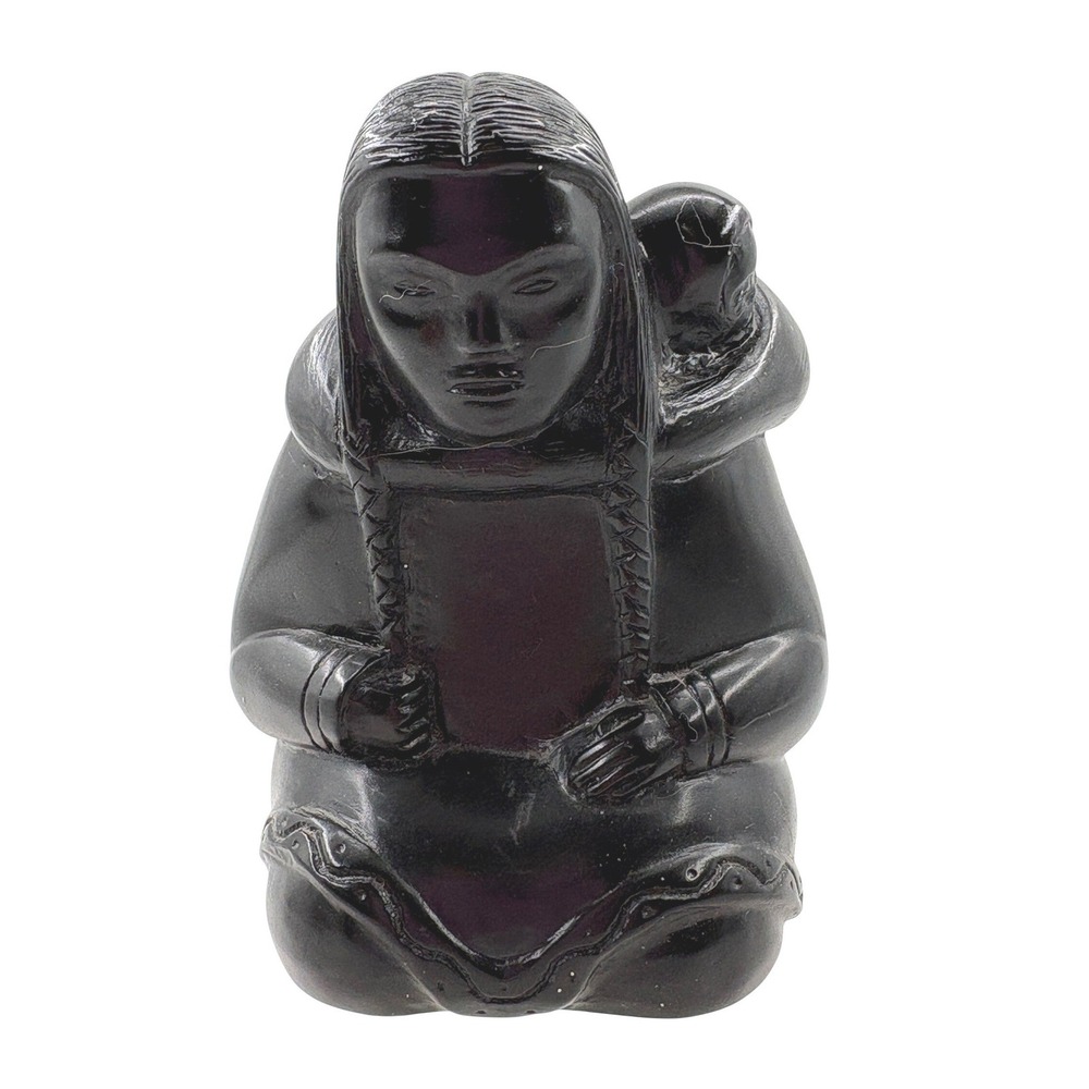 Wolf Sculptures Inuit Mother and Child Figurine 3" Black Soapstone Style Art